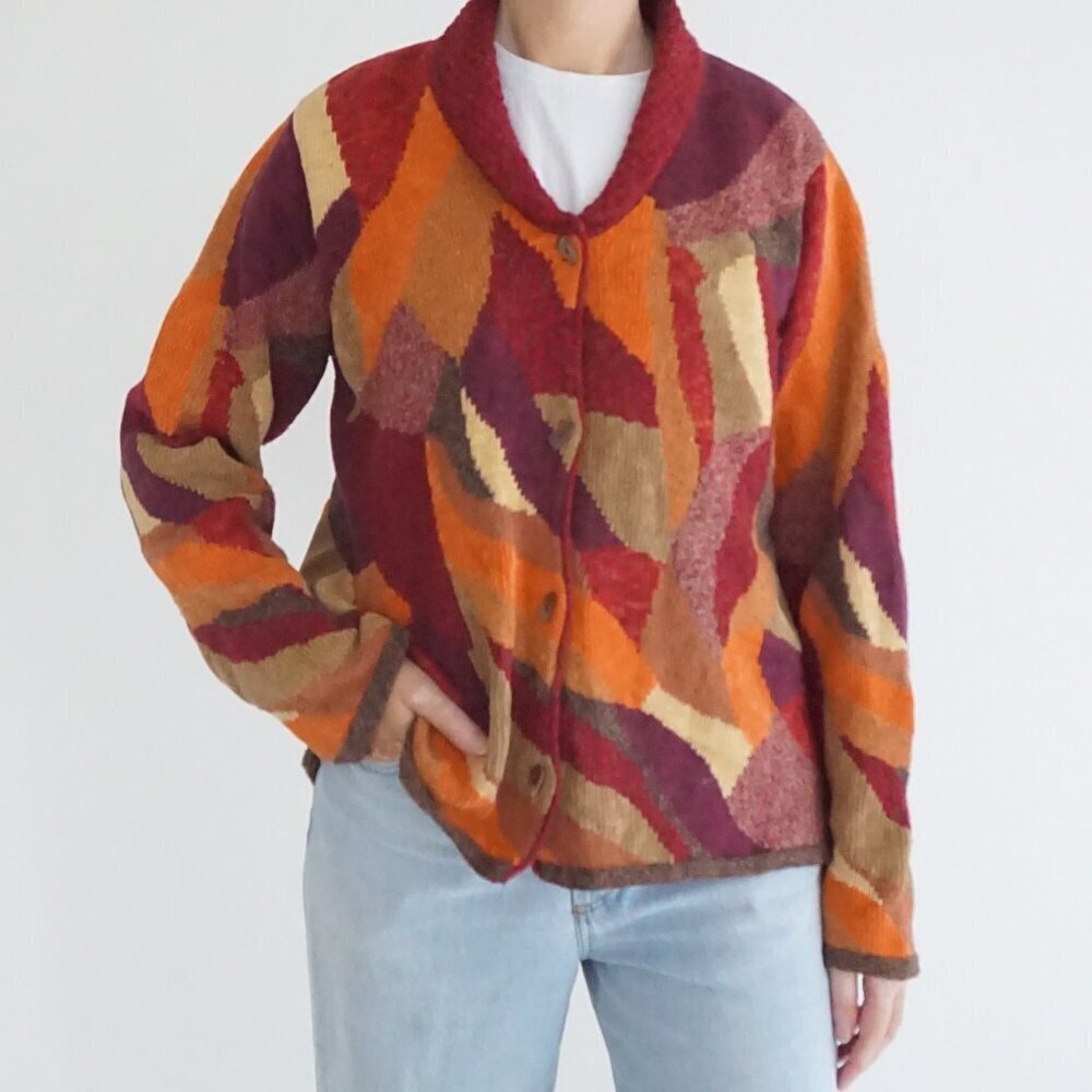 Vintage Sigrid Olsen Burgundy Orange Abstract Geo Button Front Knit Cardigan L
